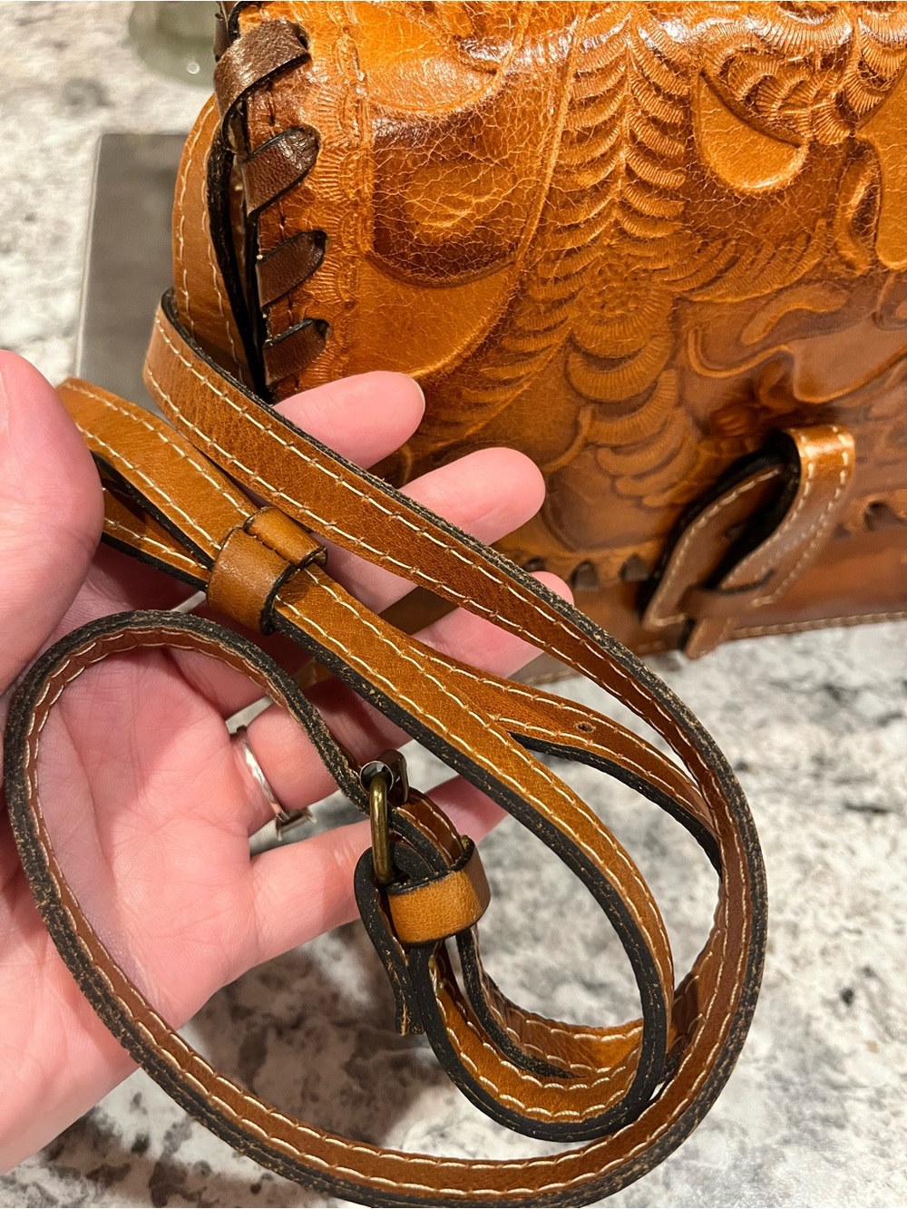 Patricia Nash Hand-Tooled Tan Leather Crossbody Bag EUC - Picture 6 of 16
